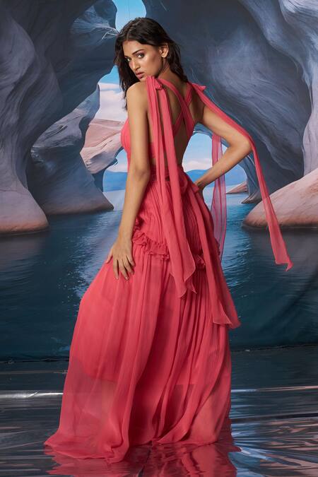 Amrta By Guneet Kondal_Coral Chiffon, Shantoon, Viscose Plunge Neck Ruching Maxi Dress _at_Aza_Fashions