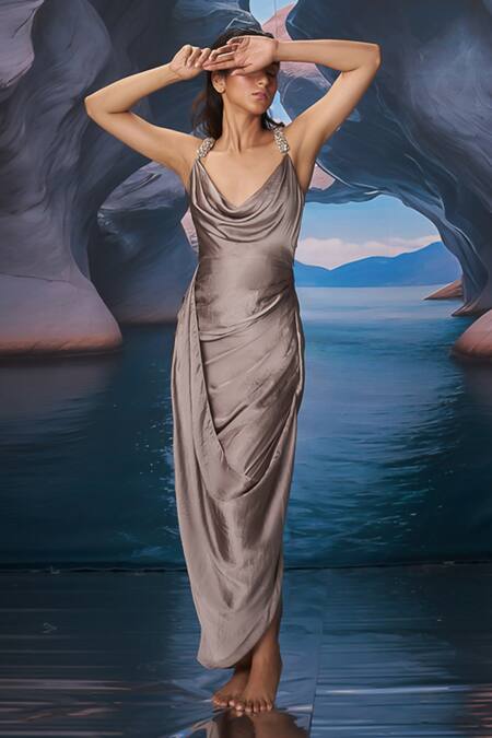 Buy_Amrta By Guneet Kondal_Silver Satin, Shantoon, Viscose Stones Cowl Neck Shark Dress _Online_at_Aza_Fashions