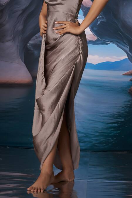 Shop_Amrta By Guneet Kondal_Silver Satin, Shantoon, Viscose Stones Cowl Neck Shark Dress _Online_at_Aza_Fashions