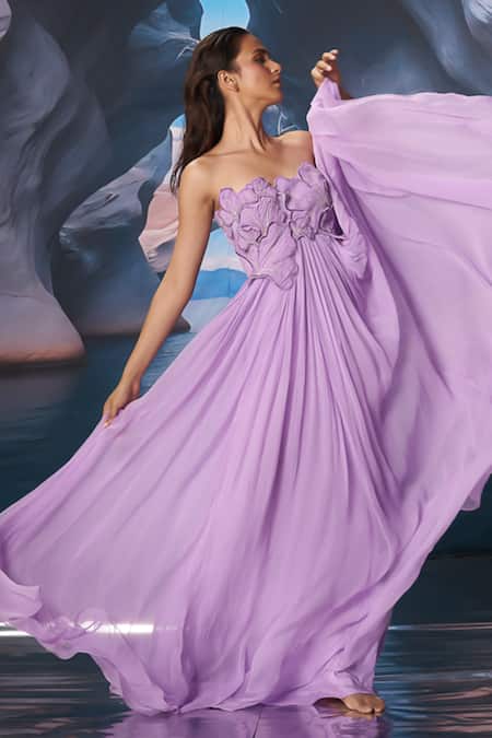 Amrta By Guneet Kondal_Lilac Chiffon, Shantoon, Viscose Embroidery Sweetheart Applique Designer Gown _Online_at_Aza_Fashions