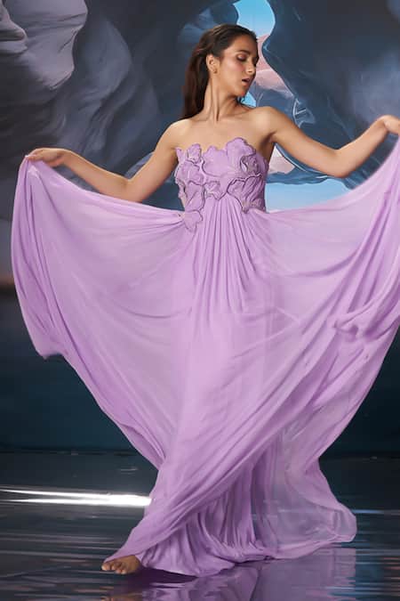 Buy_Amrta By Guneet Kondal_Lilac Chiffon, Shantoon, Viscose Embroidery Sweetheart Applique Designer Gown _Online_at_Aza_Fashions