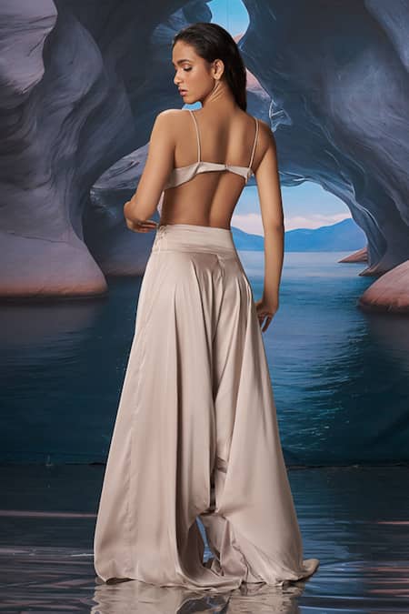 Amrta By Guneet Kondal Neutral Satin Embroidered Fusion Set 