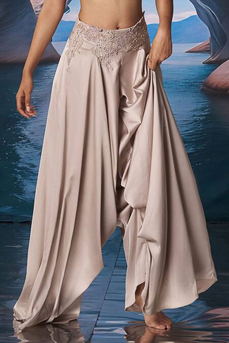 Buy_Amrta By Guneet Kondal_Beige Satin Beads Square Neck Neutral Embroidered Fusion Set _Online_at_Aza_Fashions