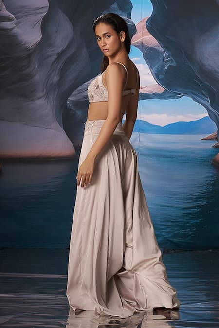 Amrta By Guneet Kondal_Beige Satin Beads Square Neck Neutral Embroidered Fusion Set _at_Aza_Fashions