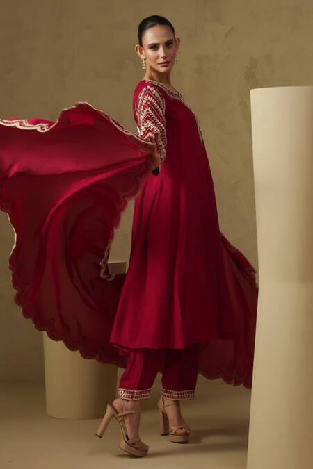 Kesar Studio_Red Silk Embroidery Round Neck Hand Anarkali Set_Online_at_Aza_Fashions