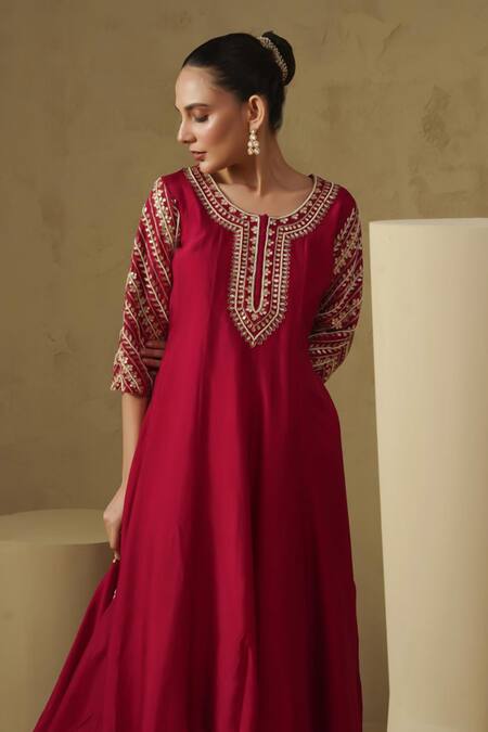 Buy_Kesar Studio_Red Silk Embroidery Round Neck Hand Anarkali Set_Online_at_Aza_Fashions