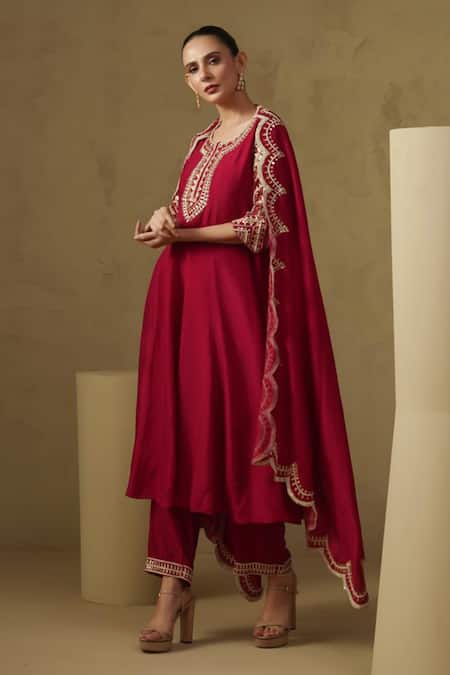 Kesar Studio Red Silk Embroidery Round Neck Hand Anarkali Set 