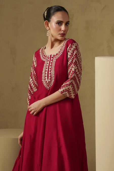 Shop_Kesar Studio_Red Silk Embroidery Round Neck Hand Anarkali Set_Online_at_Aza_Fashions