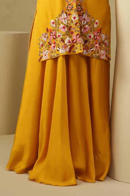 Kesar Studio_Mustard Silk, Organza Embroidery Round Neck Yellow Hand Jacket Set_Online_at_Aza_Fashions