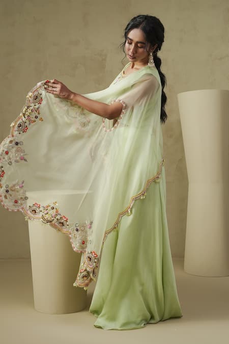 Kesar Studio_Green Silk, Organza Embroidery Round Neck Butterfly Cape Set_Online_at_Aza_Fashions