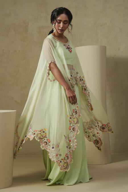 Buy_Kesar Studio_Green Silk, Organza Embroidery Round Neck Butterfly Cape Set_Online_at_Aza_Fashions