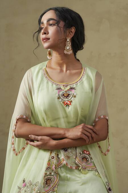 Shop_Kesar Studio_Green Silk, Organza Embroidery Round Neck Butterfly Cape Set_Online_at_Aza_Fashions