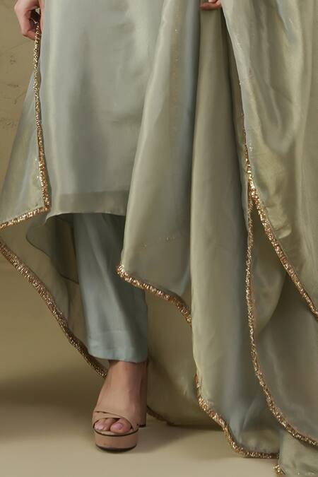 Kesar Studio Blue Silk, Tissue Embroidery Round Neck Lotus Handwork Kurta Set Online at Aza Fashions Kesar Studio_Blue Silk, Tissue Embroidery Round Neck Lotus Handwork Kurta Set_Online_at_Aza_Fashions