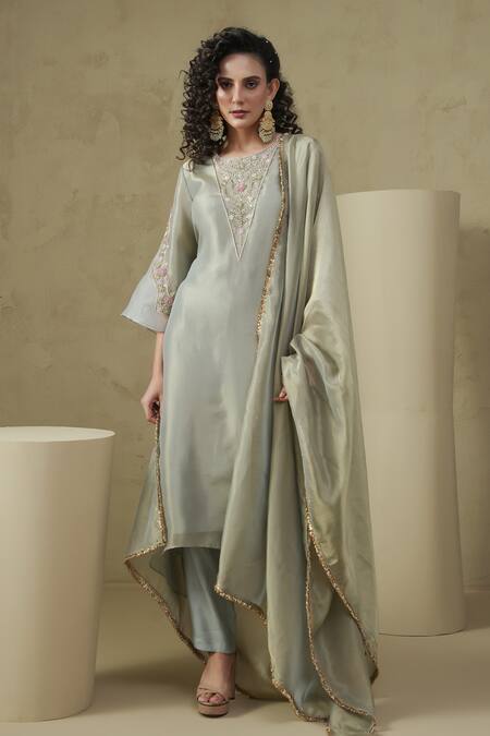 Kesar Studio Blue Silk, Tissue Embroidery Round Neck Lotus Handwork Kurta Set