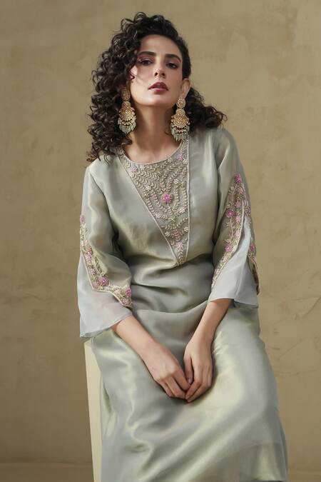 Buy Kesar Studio Blue Silk, Tissue Embroidery Round Neck Lotus Handwork Kurta Set Online at Aza Fashions Buy_Kesar Studio_Blue Silk, Tissue Embroidery Round Neck Lotus Handwork Kurta Set_Online_at_Aza_Fashions