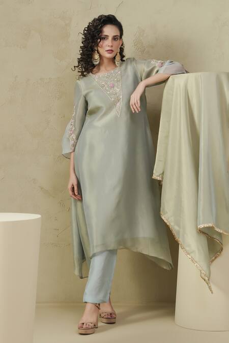 Shop Kesar Studio Blue Silk, Tissue Embroidery Round Neck Lotus Handwork Kurta Set Online at Aza Fashions Shop_Kesar Studio_Blue Silk, Tissue Embroidery Round Neck Lotus Handwork Kurta Set_Online_at_Aza_Fashions