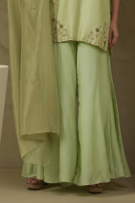 Kesar Studio_Green Silk, Tissue Embroidery V-neck Saumya Pista Kurta Set_Online_at_Aza_Fashions