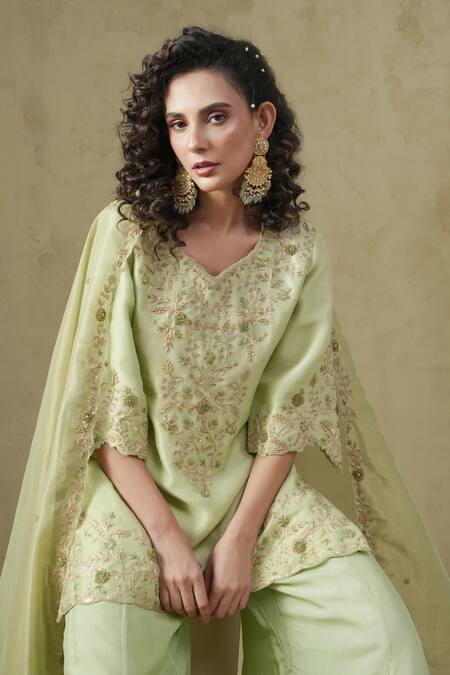 Shop_Kesar Studio_Green Silk, Tissue Embroidery V-neck Saumya Pista Kurta Set_Online_at_Aza_Fashions