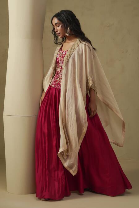 Kesar Studio_Red Silk, Tissue Embroidery Round Neck And Champagne Cape Skirt Set_Online_at_Aza_Fashions