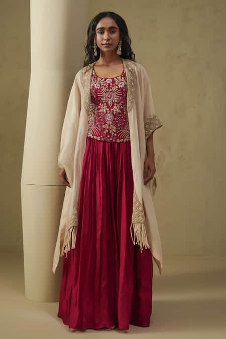 Kesar Studio Red Silk, Tissue Embroidery Round Neck And Champagne Cape Skirt Set 