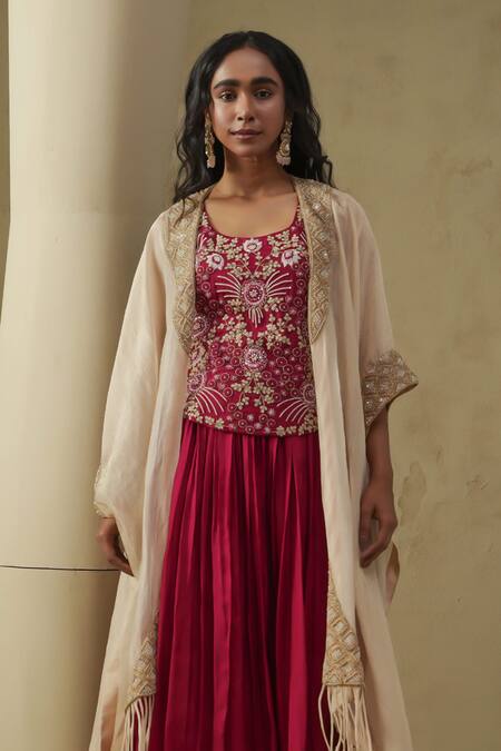 Buy_Kesar Studio_Red Silk, Tissue Embroidery Round Neck And Champagne Cape Skirt Set_Online_at_Aza_Fashions