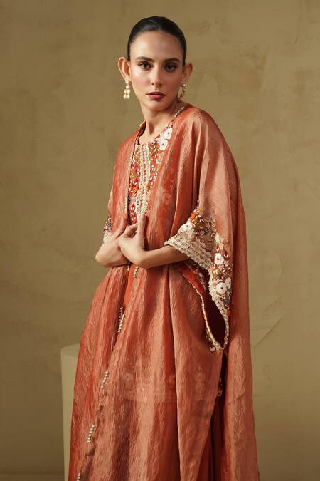 Buy_Kesar Studio_Orange Organza, Silk Embroidery Round , Open Rust Kurta Set_Online_at_Aza_Fashions