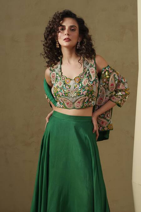 Kesar Studio Green Silk Embroidery Round Neck Bottle Jacket Set Online at Aza Fashions Kesar Studio_Green Silk Embroidery Round Neck Bottle Jacket Set_Online_at_Aza_Fashions