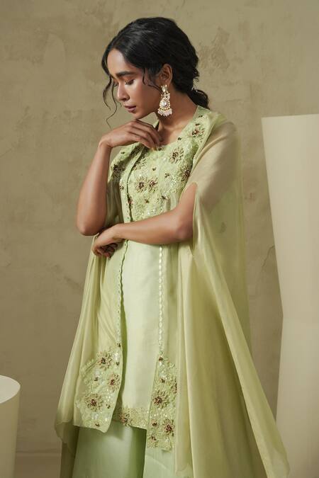 Kesar Studio_Green Silk, Tissue Embroidery Round Neck Designer Cape Kurta Gharara Set_Online_at_Aza_Fashions