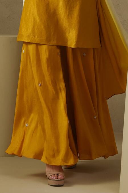 Kesar Studio_Mustard Linen, Silk, Crepe Embroidery Round Neck Marigold Hand Kurta Set_Online_at_Aza_Fashions