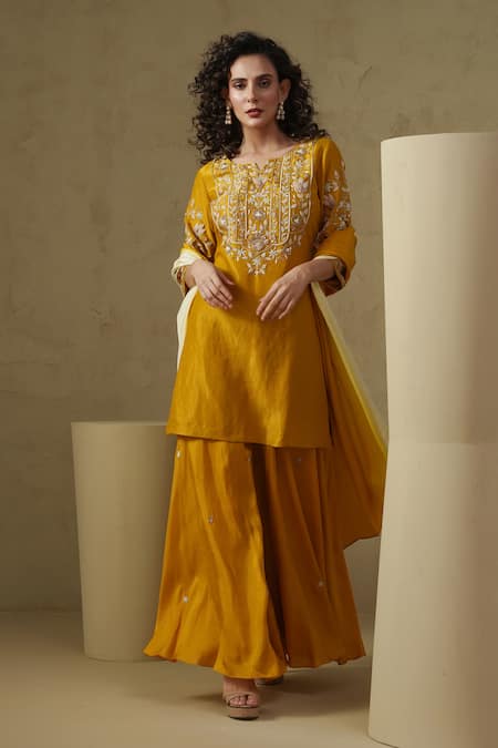 Kesar Studio Mustard Linen, Silk, Crepe Embroidery Round Neck Marigold Hand Kurta Set