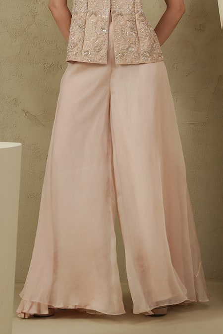 Kesar Studio_Pink Linen, Silk, Organza Embroidery V-neck Designer Street Jacket And Pant Set_Online_at_Aza_Fashions