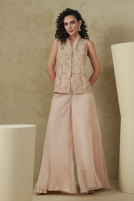 Kesar Studio Pink Linen, Silk, Organza Embroidery V-neck Designer Street Jacket And Pant Set 