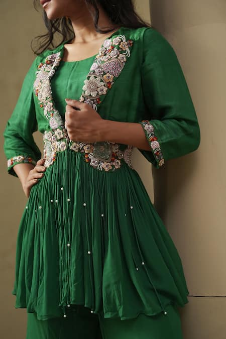Kesar Studio_Green Silk, Georgette Beads, Embroidery Designer Handwork Breathtaking Set_Online_at_Aza_Fashions