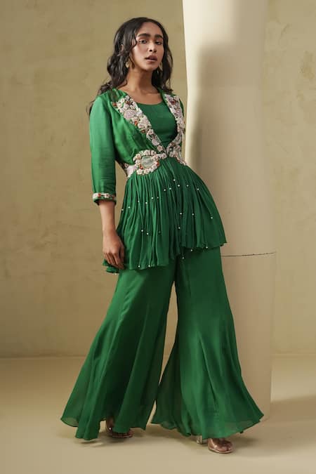 Buy_Kesar Studio_Green Silk, Georgette Beads, Embroidery Designer Handwork Breathtaking Set_Online_at_Aza_Fashions