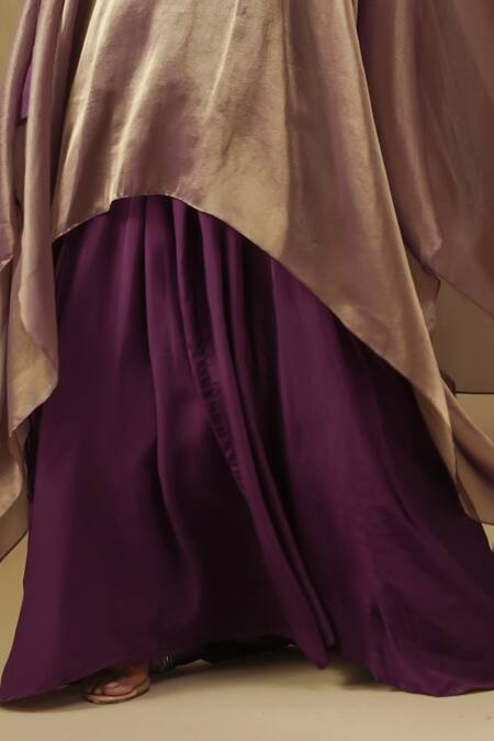 Kesar Studio_Purple Tissue, Crepe Embroidery Round Neck Lilac Kaftan And Cowl Skirt Set_Online_at_Aza_Fashions