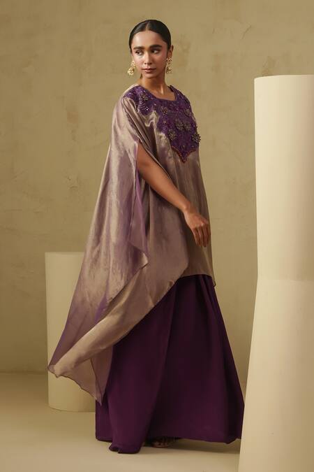 Buy_Kesar Studio_Purple Tissue, Crepe Embroidery Round Neck Lilac Kaftan And Cowl Skirt Set_Online_at_Aza_Fashions