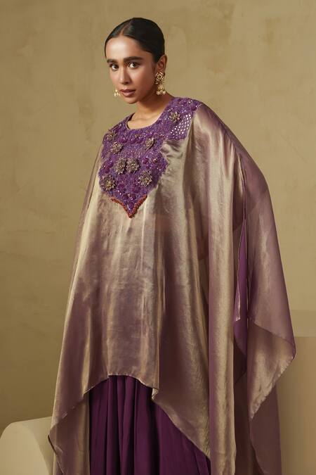 Shop_Kesar Studio_Purple Tissue, Crepe Embroidery Round Neck Lilac Kaftan And Cowl Skirt Set_Online_at_Aza_Fashions