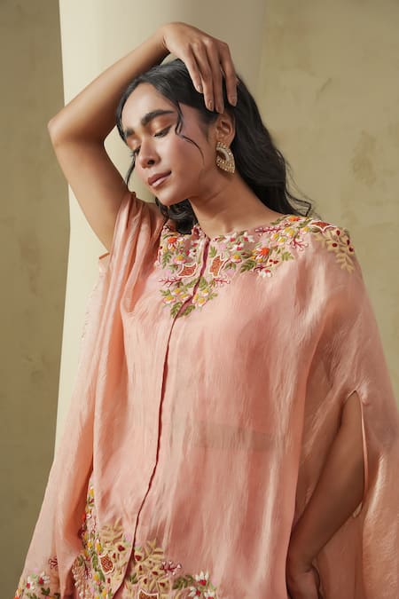 Kesar Studio_Pink Tissue, Silk Embroidery Round Neck Flamingo Handwork Cape Set_Online_at_Aza_Fashions