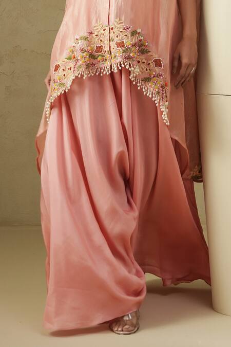 Buy_Kesar Studio_Pink Tissue, Silk Embroidery Round Neck Flamingo Handwork Cape Set_Online_at_Aza_Fashions