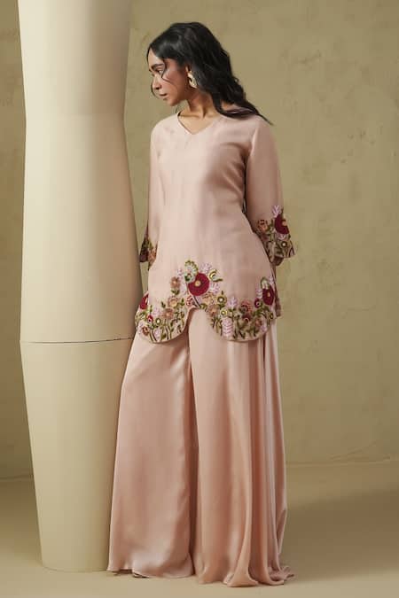Kesar Studio Cream Satin, Organza Embroidery V-neck Champagne Handwork Tunic And Pant Set