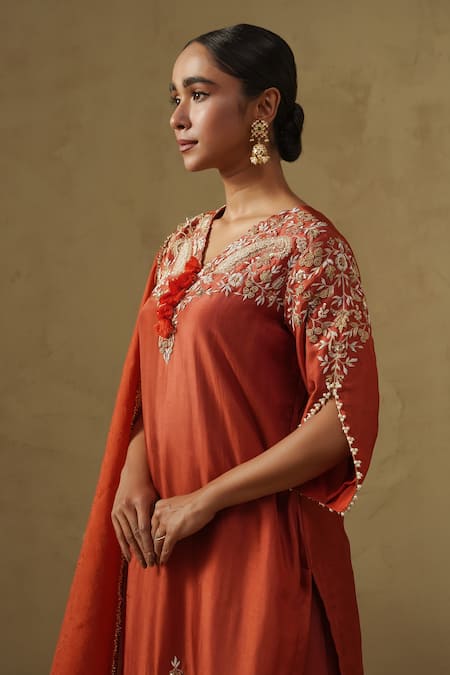 Kesar Studio_Orange Silk, Crepe, Organza Embroidery Round Neck Kacchi Kairi Kurta Set_Online_at_Aza_Fashions