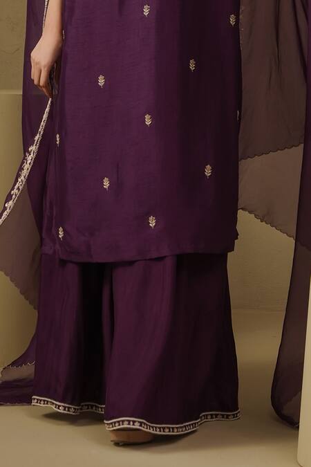 Kesar Studio_Purple Silk, Organza Embroidery Round Neck Designer Kurta Dupatta Set_Online_at_Aza_Fashions