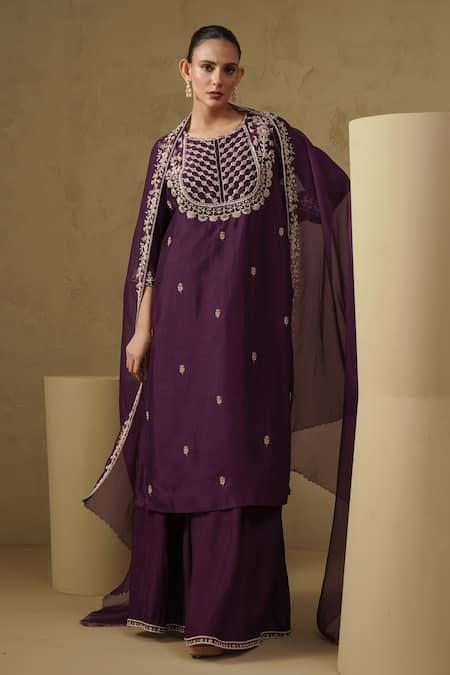 Buy_Kesar Studio_Purple Silk, Organza Embroidery Round Neck Designer Kurta Dupatta Set_Online_at_Aza_Fashions