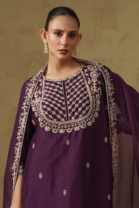 Shop_Kesar Studio_Purple Silk, Organza Embroidery Round Neck Designer Kurta Dupatta Set_Online_at_Aza_Fashions