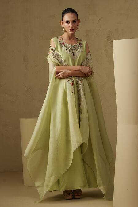 Kesar Studio_Green Silk, Organza Embroidery Round Neck Pista Designer Kurta Set_Online_at_Aza_Fashions