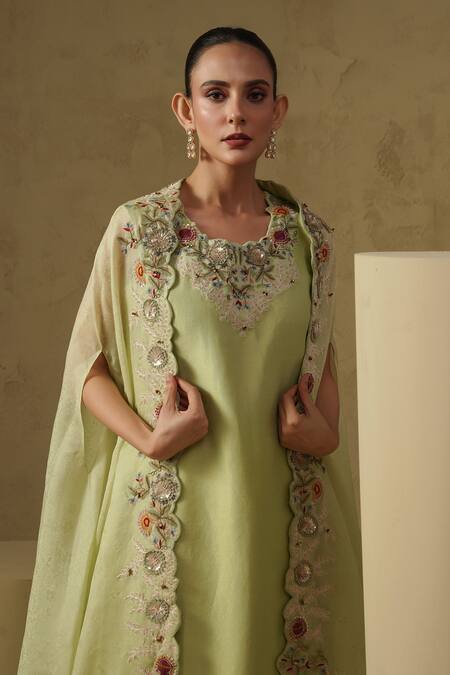 Buy_Kesar Studio_Green Silk, Organza Embroidery Round Neck Pista Designer Kurta Set_Online_at_Aza_Fashions