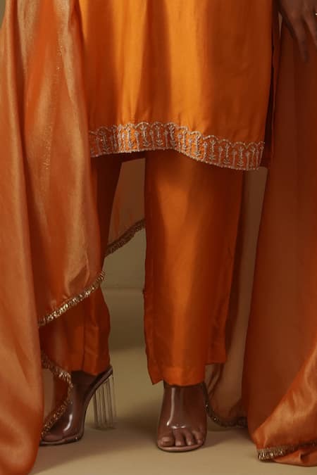 Kesar Studio_Orange Silk, Tissue Embroidery Round Neck Designer Salmon Kurta Set_Online_at_Aza_Fashions