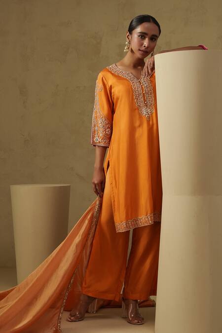 Buy_Kesar Studio_Orange Silk, Tissue Embroidery Round Neck Designer Salmon Kurta Set_Online_at_Aza_Fashions