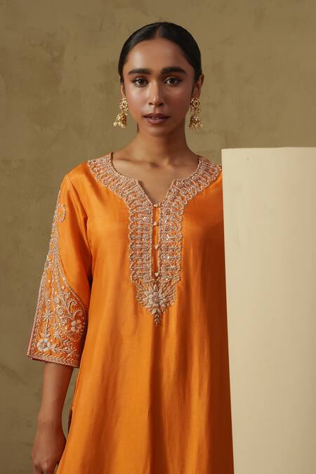 Shop_Kesar Studio_Orange Silk, Tissue Embroidery Round Neck Designer Salmon Kurta Set_Online_at_Aza_Fashions