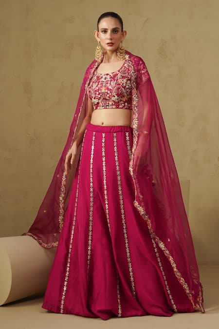 Kesar Studio Red Silk, Organza Embroidery Round Neck Cherry Hand Lehenga Set 